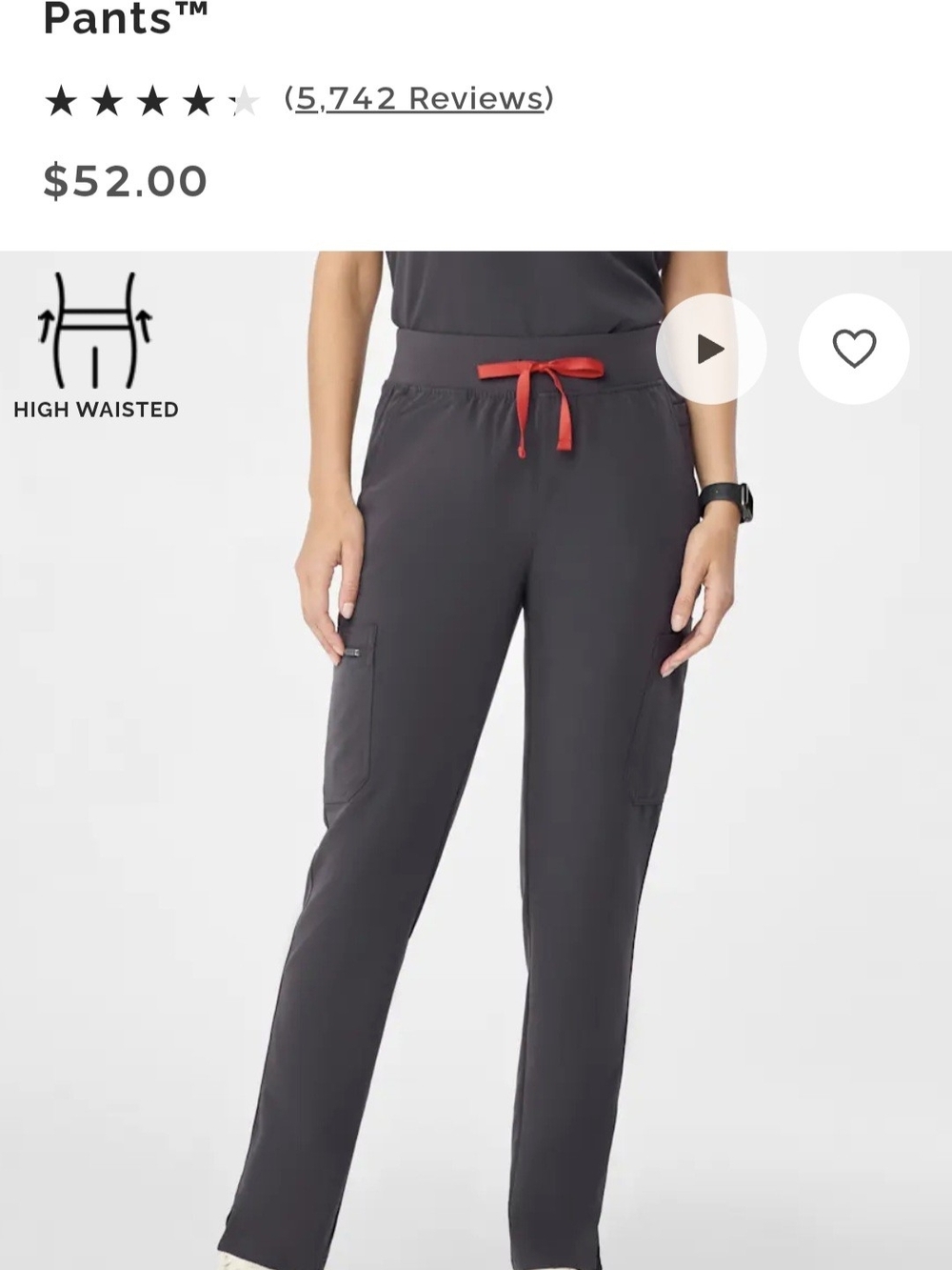 FIGS High-Waist Straight-Leg Scrub Pants in Charcoal with Red Drawstring